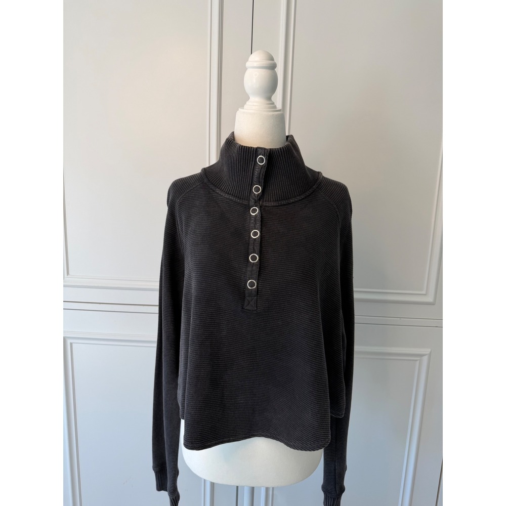 Free People FP Movement Henley Sweatshirt Women XS Grey Excellent Ribbed Cropped